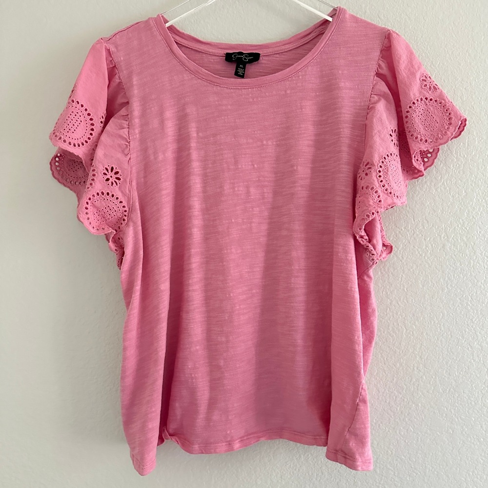 Jessica Simpson Eyelet Sleeve Top Women XL Pink Scalloped Crew Neck Slub Knit